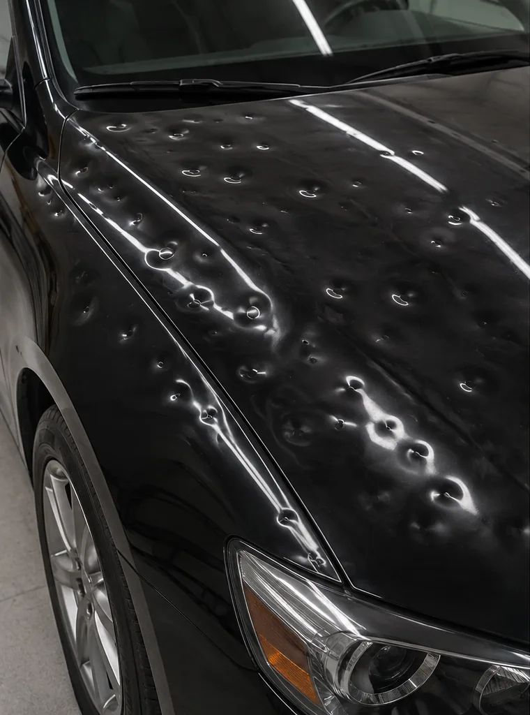 Black car hood covered in hail dents before repair