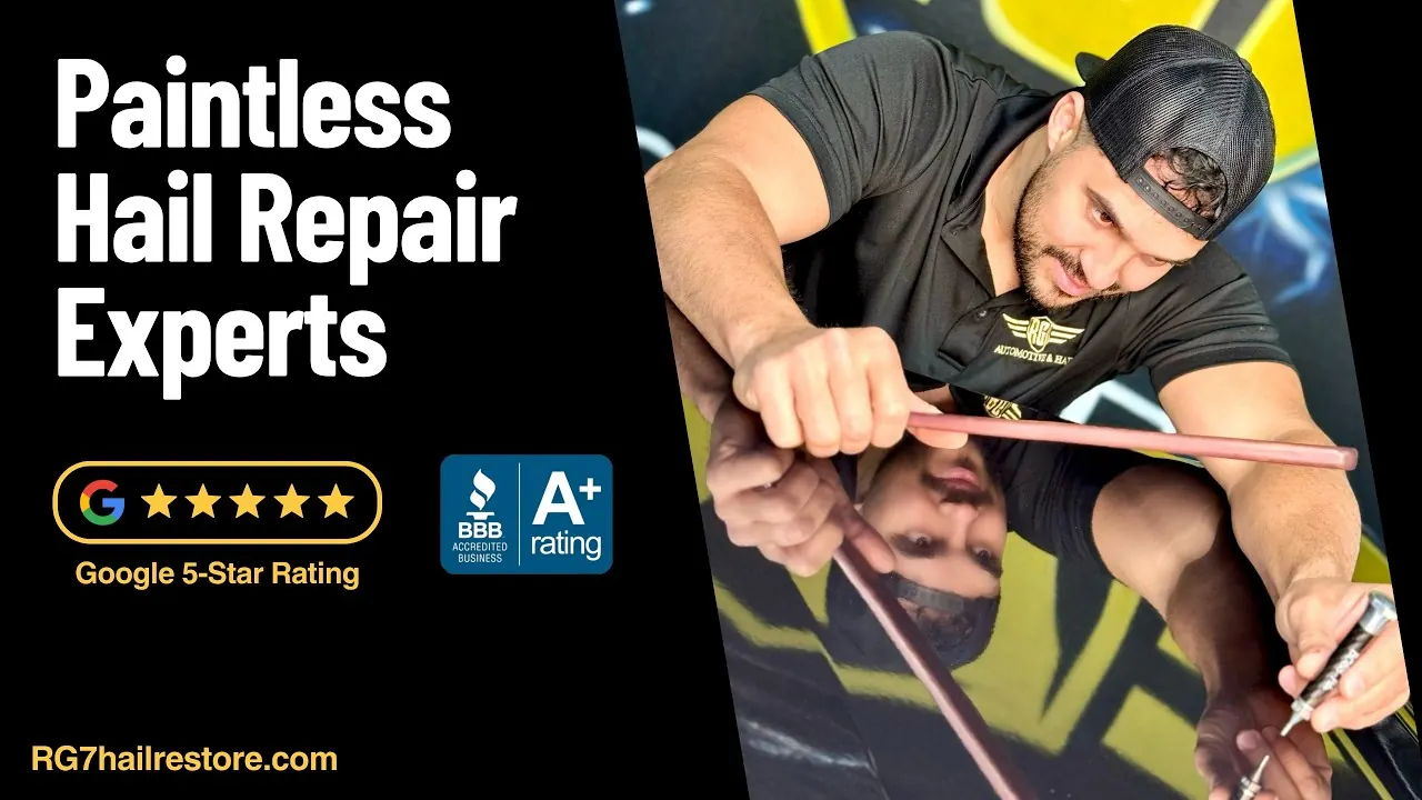 Paintless Hail Repair Experts: an RG7 technician using a PDR rod on a mirror-finish panel